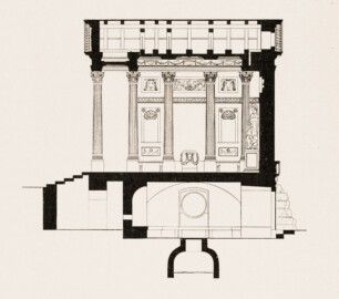 Schloss und Schlossgarten Schwetzingen - Minervatempel - Längsschnitt - Zeichnung von Wilhelm Schweitzer, 1930 (Bildnachweis: Die Kunstdenkmäler des Amtsbezirks Mannheim – Stadt Schwetzingen – 1933)