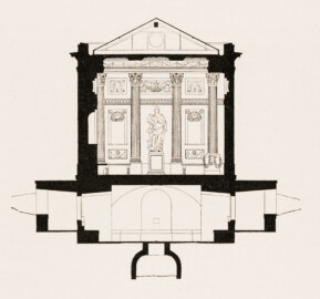 Schloss und Schlossgarten Schwetzingen - Minervatempel - Querschnitt - Zeichnung von Wilhelm Schweitzer, 1930 (Bildnachweis: Die Kunstdenkmäler des Amtsbezirks Mannheim – Stadt Schwetzingen – 1933)