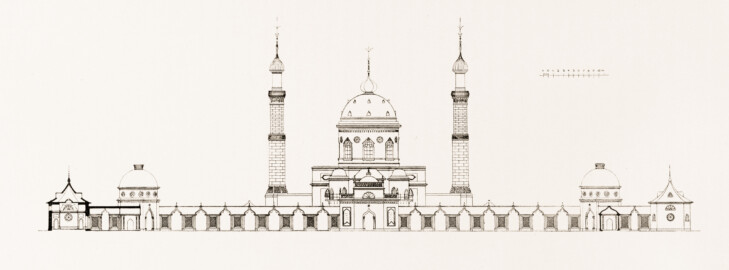 Schloss und Schlossgarten Schwetzingen - Moschee, Aufriss der Ostfassade, Längsschnitt durch den Moscheehof - Zeichnung von Wilhelm Schweitzer, 1930 (Bildnachweis: Die Kunstdenkmäler des Amtsbezirks Mannheim – Stadt Schwetzingen – 1933) Schloss und Schlossgarten Schwetzingen - Moschee, Aufriss der Ostfassade, Längsschnitt durch den Moscheehof - Zeichnung von Wilhelm Schweitzer, 1930 (Bildnachweis: Die Kunstdenkmäler des Amtsbezirks Mannheim – Stadt Schwetzingen – 1933)