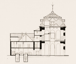 Schloss und Schlossgarten Schwetzingen - Oberes Wasserwerk, Querschnitt - Zeichnung von Wilhelm Schweitzer, 1930 (Bildnachweis: Die Kunstdenkmäler des Amtsbezirks Mannheim – Stadt Schwetzingen – 1933)