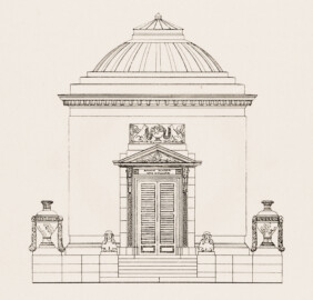 Schloss und Schlossgarten Schwetzingen - Tempel der Botanik - Aufriss - Zeichnung von Wilhelm Schweitzer, 1930 (Bildnachweis: Die Kunstdenkmäler des Amtsbezirks Mannheim – Stadt Schwetzingen – 1933)