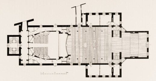 Schloss und Schlossgarten Schwetzingen - Theater, Grundriss der Bühne und des Parterres - Zeichnung von Wilhelm Schweitzer, 1930 (Bildnachweis: Die Kunstdenkmäler des Amtsbezirks Mannheim – Stadt Schwetzingen – 1933)