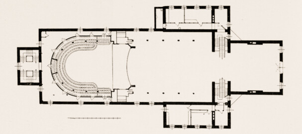 Schloss und Schlossgarten Schwetzingen - Theater, Grundriss in Höhe des ersten Ranges - Zeichnung von Wilhelm Schweitzer, 1930 (Bildnachweis: Die Kunstdenkmäler des Amtsbezirks Mannheim – Stadt Schwetzingen – 1933)