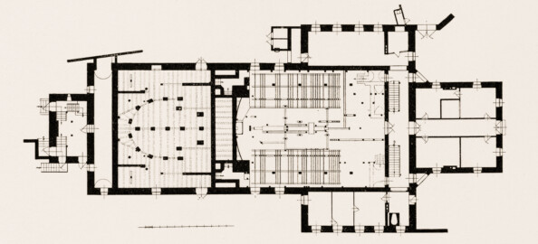 Schloss und Schlossgarten Schwetzingen - Theater, Grundriss der Unterbühne - Zeichnung von Wilhelm Schweitzer, 1930 (Bildnachweis: Die Kunstdenkmäler des Amtsbezirks Mannheim – Stadt Schwetzingen – 1933)