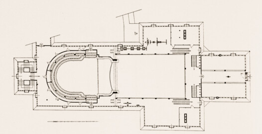 Schloss und Schlossgarten Schwetzingen - Theater, Grundriss in Höhe des zweiten Ranges - Zeichnung von Wilhelm Schweitzer, 1930 (Bildnachweis: Die Kunstdenkmäler des Amtsbezirks Mannheim – Stadt Schwetzingen – 1933)