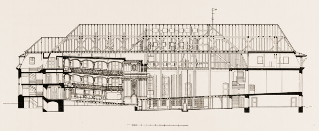 Schloss und Schlossgarten Schwetzingen - Theater, Längsschnitt - Zeichnung von Wilhelm Schweitzer, 1930 (Bildnachweis: Die Kunstdenkmäler des Amtsbezirks Mannheim – Stadt Schwetzingen – 1933)