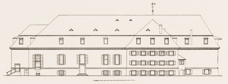 Schloss und Schlossgarten Schwetzingen - Theater, Ansicht der Längsfront - Zeichnung von Wilhelm Schweitzer, 1930 (Bildnachweis: Die Kunstdenkmäler des Amtsbezirks Mannheim – Stadt Schwetzingen – 1933)