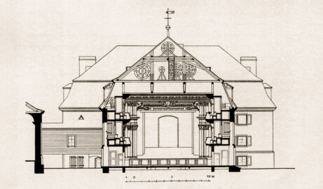 Schloss und Schlossgarten Schwetzingen - Theater, Querschnitt gegen die Bühne - Zeichnung von Wilhelm Schweitzer, 1930 (Bildnachweis: Die Kunstdenkmäler des Amtsbezirks Mannheim – Stadt Schwetzingen – 1933)