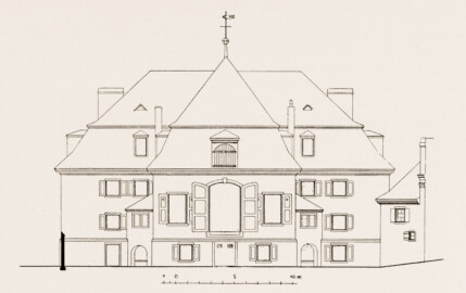 Schloss und Schlossgarten Schwetzingen - Theater, Ansicht der Schmalfront, Bühnenseite - Zeichnung von Wilhelm Schweitzer, 1930 (Bildnachweis: Die Kunstdenkmäler des Amtsbezirks Mannheim – Stadt Schwetzingen – 1933)