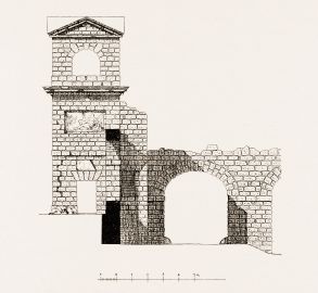 Schloss und Schlossgarten Schwetzingen - Römisches Wasserkastell, Aufriss der östlichen Seitenfront - Zeichnung von Wilhelm Schweitzer, 1930 (Bildnachweis: Die Kunstdenkmäler des Amtsbezirks Mannheim – Stadt Schwetzingen – 1933) Schloss und Schlossgarten Schwetzingen - Römisches Wasserkastell, Aufriss der östlichen Seitenfront - Zeichnung von Wilhelm Schweitzer, 1930 (Bildnachweis: Die Kunstdenkmäler des Amtsbezirks Mannheim – Stadt Schwetzingen – 1933)