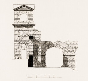 Schloss und Schlossgarten Schwetzingen - Römisches Wasserkastell, Aufriss der östlichen Seitenfront - Zeichnung von Wilhelm Schweitzer, 1930 (Bildnachweis: Die Kunstdenkmäler des Amtsbezirks Mannheim – Stadt Schwetzingen – 1933) Schloss und Schlossgarten Schwetzingen - Römisches Wasserkastell, Aufriss der östlichen Seitenfront - Zeichnung von Wilhelm Schweitzer, 1930 (Bildnachweis: Die Kunstdenkmäler des Amtsbezirks Mannheim – Stadt Schwetzingen – 1933)