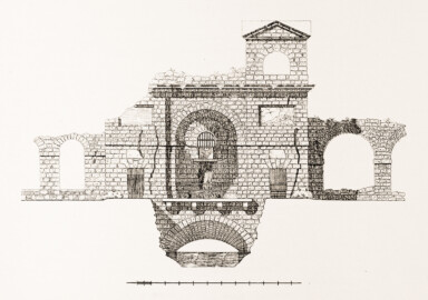 Schloss und Schlossgarten Schwetzingen - Römisches Wasserkastell, Aufriss der Parkseite - Zeichnung von Wilhelm Schweitzer, 1930 (Bildnachweis: Die Kunstdenkmäler des Amtsbezirks Mannheim – Stadt Schwetzingen – 1933) Schloss und Schlossgarten Schwetzingen - Römisches Wasserkastell, Aufriss der Parkseite - Zeichnung von Wilhelm Schweitzer, 1930 (Bildnachweis: Die Kunstdenkmäler des Amtsbezirks Mannheim – Stadt Schwetzingen – 1933)