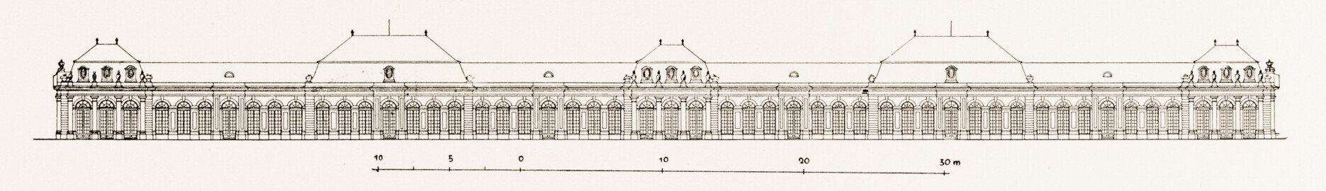 Schloss und Schlossgarten Schwetzingen - Zirkelhaus, Aufriss der Längsfront - Zeichnung von Wilhelm Schweitzer, 1930 (Bildnachweis: Die Kunstdenkmäler des Amtsbezirks Mannheim – Stadt Schwetzingen – 1933) Schloss und Schlossgarten Schwetzingen - Zirkelhaus, Aufriss der Längsfront - Zeichnung von Wilhelm Schweitzer, 1930 (Bildnachweis: Die Kunstdenkmäler des Amtsbezirks Mannheim – Stadt Schwetzingen – 1933)