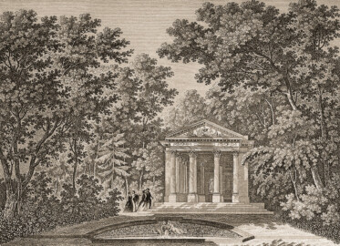 Schloss und Schlossgarten Schwetzingen - Tafel "Der Minerva-Tempel" - Auszug aus "Johann Michael Zeyher: Schwetzingen und seine Gartenanlagen - Mit Kupfern und dem Plane des Gartens - Schwetzingen - ca. 1820" - Universitätsbibliothek Heidelberg - https://doi.org/10.11588/diglit.1436#0107 - Public Domain
