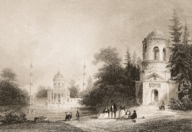 Schloss und Schlossgarten Schwetzingen - Tafel "Die Moschee und die Ruine des Merkurtempels im Garten zu Schwetzingen" - Auszug aus "Johann Michael Zeyher: Schwetzingen und seine Gartenanlagen - Mit Kupfern und dem Plane des Gartens - Schwetzingen - ca. 1820" - Universitätsbibliothek Heidelberg - https://doi.org/10.11588/diglit.1436#0120 - Public Domain