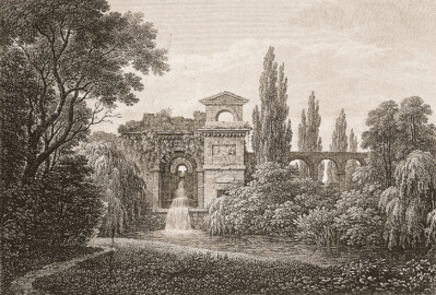 Schloss und Schlossgarten Schwetzingen - Tafel "Römische Ruine" - Auszug aus "Johann Michael Zeyher: Schwetzingen und seine Gartenanlagen - Mit Kupfern und dem Plane des Gartens - Schwetzingen - ca. 1820" - Universitätsbibliothek Heidelberg - https://doi.org/10.11588/diglit.1436#0142 - Public Domain
