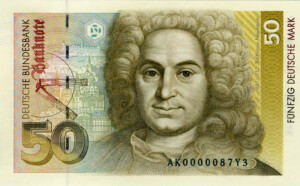 Schloss Bruchsal - Porträt von Balthasar Neumann (1687-1753) auf einer 50 DM-Banknote; im Hintergrund historische Gebäude von Würzburg (Bildnachweis: Deutsche Bundesbank, Frankfurt am Main, Banknoten der Serie "BBk III/IIIa")