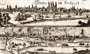 Speyer - Speyer im Prospect / Speyer im Brand, 1689, unbekannter Künstler (Bildnachweis: © The Trustees of the British Museum, Asset Number 1458019001, https://www.britishmuseum.org/collection/image/1458019001, CC BY-NC-SA 4.0)