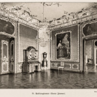 Schloss Bruchsal - Audienzzimmer (Rotes Zimmer) - (Fotograf: Carl Ohler, Bruchsal; Bildnachweis: Seite 51 des Buchs: "Anton Wetterer: Das Bruchsaler Schloß - Seine Baugeschichte und seine Kunst - Zur Zweihundertjahrfeier der Grundsteinlegung - 1922 herausgegeben - Zweite verbesserte Auflage, 1927 - Verlag C.F. Müller, Karlsruhe i.B."; Reproduktion durch Dr. Manfred Schneider, November 2021)