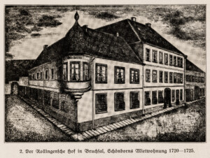 Schloss Bruchsal - Der Rollingensche Hof in Bruchsal, Schönborns Mietwohnung 1720-1725 - (Bildnachweis: Seite 7 des Buchs: "Anton Wetterer: Das Bruchsaler Schloß - Seine Baugeschichte und seine Kunst - Zur Zweihundertjahrfeier der Grundsteinlegung - 1922 herausgegeben - Zweite verbesserte Auflage, 1927 - Verlag C.F. Müller, Karlsruhe i.B."; Reproduktion durch Dr. Manfred Schneider, November 2021)
