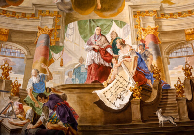 Schloss Bruchsal - Hauptbau - Beletage - Kuppelsaal - Kuppel - Ausschnitt aus rekonstruiertem Kuppelfresko, oberhalb des Durchgangs zum Fürstensaal - Fürstbischof Damian Hugo von Schönborn als Erbauer der Residenz (gemalt von Johann Zick und Sohn Januarius, restauriert von Karl Manninger) (aufgenommen im April 2018, am Nachmittag)