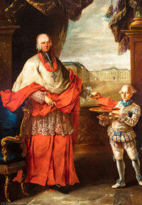 Schloss Bruchsal - Hauptbau / Corps de Logis - Beletage - Rotes Zimmer - Östliche Wand - Porträt von Franz Christoph von Hutten zum Stolzenberg (gemalt von Nikolaus Treu, 1763; Inv.Nr. G 1147) (aufgenommen im September 2019, am späten Nachmittag)