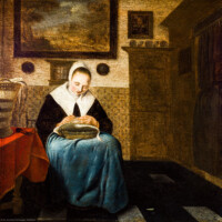 Schloss Bruchsal - Hauptbau / Corps de Logis - Beletage - Empfangszimmer / Roter Salon, Südwand - Gemälde Nr. 60 - "Stickende Frau" (Pieter Cornelisz van Slingeland zugeschrieben, zweite Hälfte 17. Jahrhundert; Inv.Nr. G 726) (aufgenommen im Mai 2020, am späten Nachmittag)