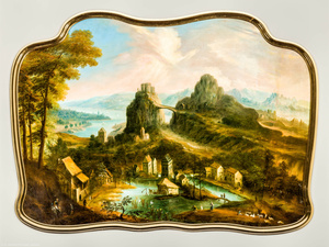 Schloss Bruchsal - Hauptbau / Corps de Logis - Beletage - Galeriezimmer - Nordwand - Gemälde Nr. 10 - Blick auf die nördliche Supraporte "Landschaft" (vermutlich gemalt von Nikolaus Treu oder von Januarius Zick; Inv.Nr. G 760 ?) (aufgenommen im Juli 2020, am späten Nachmittag)