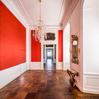 Schloss Bruchsal - Hauptbau / Corps de Logis - Von innen - Beletage - Watteau-Kabinett - Blick vom Grünen Zimmer nach Osten in das (spärlich möblierte) Watteau-Kabinett, das Garderobenzimmer, das Pagenzimmer und das Blaue Zimmer (aufgenommen im November 2020, um die Mittagszeit)