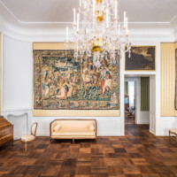 Schloss Bruchsal - Hauptbau / Corps de Logis - Von innen - Beletage - Arbeitszimmer - Von Osten - Blick nach Westen in das Arbeitszimmer mit Tapisserien aus dem Zyklus "Die Geschichte von David und Abigail" (aufgenommen im Februar 2021, um die Mittagszeit)