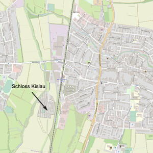 Karte von Bad Mingolsheim (ein Ortsteil von Bad Schönborn) mit Hinweis auf Schloss Kislau (Karte: © OpenStreetMap-Mitwirkende; Lizenz: Namensnennung - Weitergabe unter gleichen Bedingungen 2.0 Generic (CC BY-SA 2.0); siehe: www.openstreetmap.org/copyright)