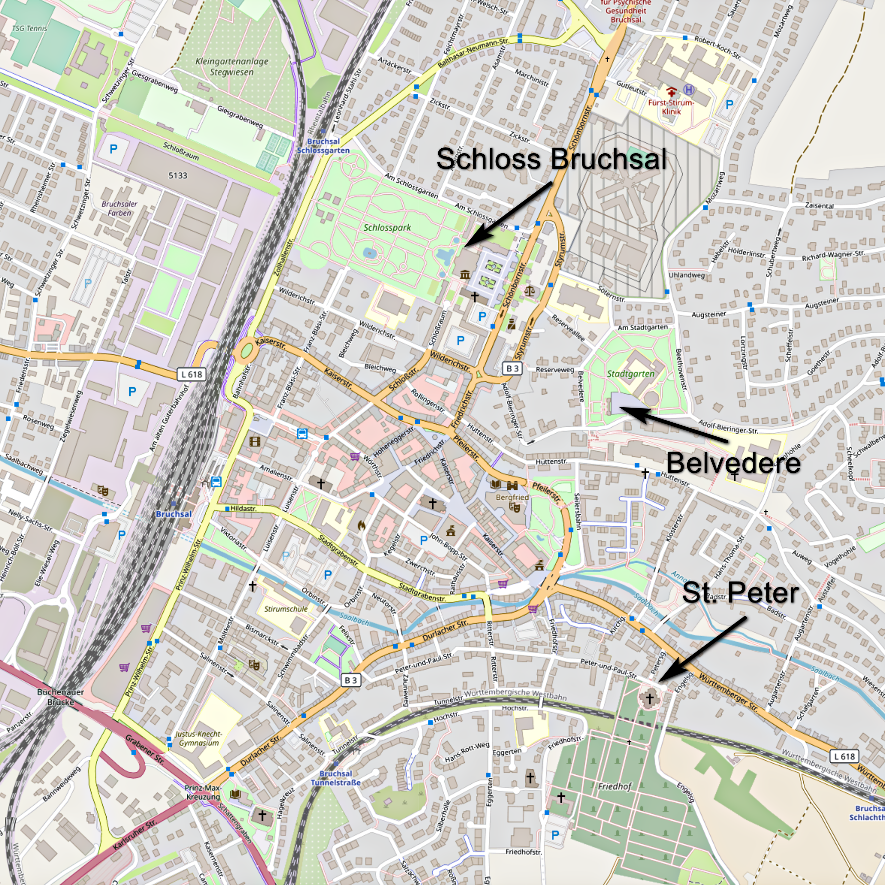 Karte von Bruchsal mit Hinweisen auf das Schloss Bruchsal, das Belvedere und die Kirche St. Peter (Karte: © OpenStreetMap-Mitwirkende; Lizenz: Namensnennung - Weitergabe unter gleichen Bedingungen 2.0 Generic (CC BY-SA 2.0); siehe: www.openstreetmap.org/copyright)
