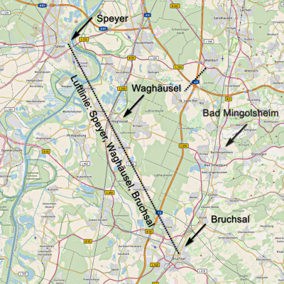 Karte mit den Orten Speyer, Waghäusel und Bruchsal sowie deren Verbindungslinie (Karte: © OpenStreetMap-Mitwirkende; Lizenz: Namensnennung - Weitergabe unter gleichen Bedingungen 2.0 Generic (CC BY-SA 2.0); siehe: www.openstreetmap.org/copyright)