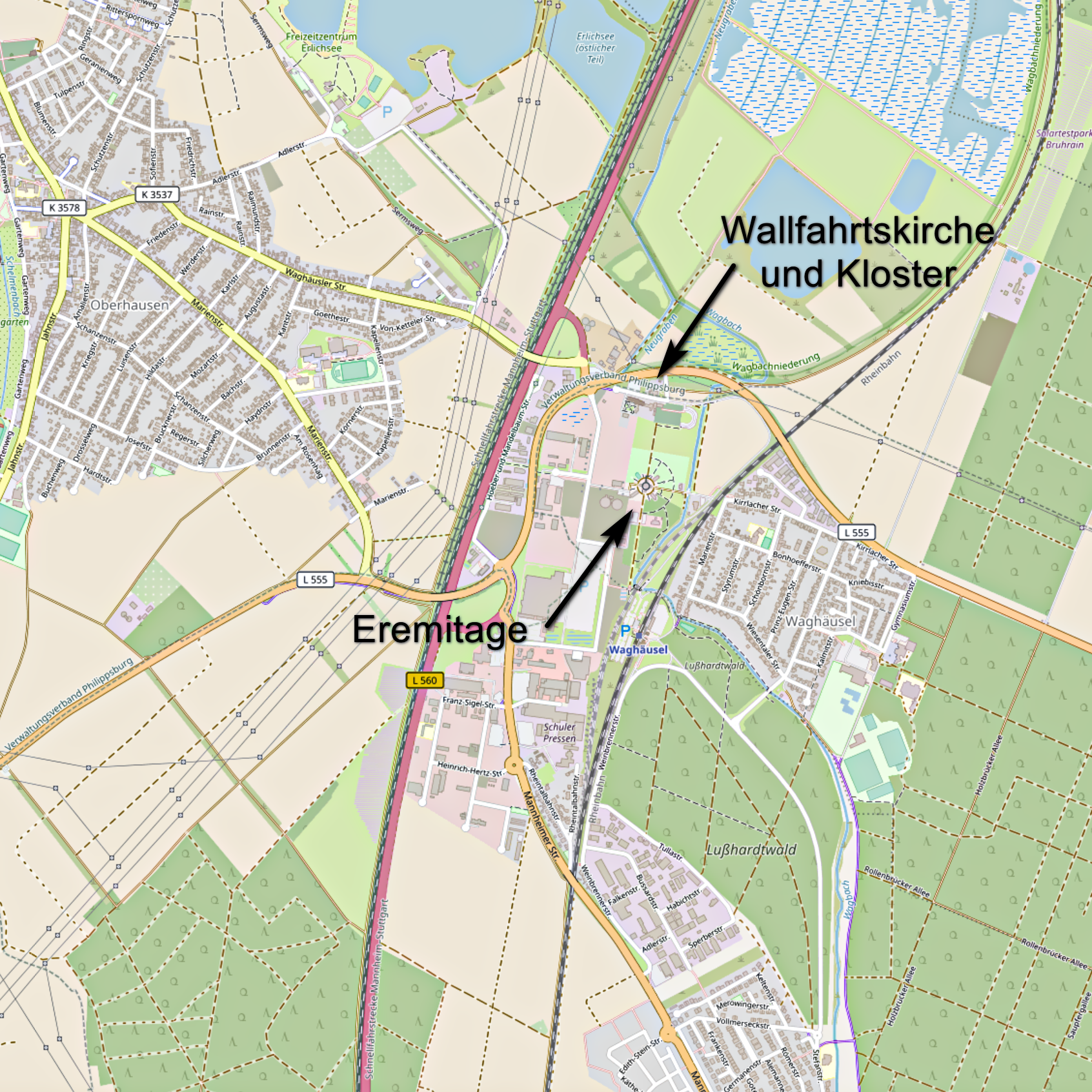 Karte von Waghäusel mit Hinweisen auf die Eremitage und die Wallfahrtskirche und das Kloster (Karte: © OpenStreetMap-Mitwirkende; Lizenz: Namensnennung - Weitergabe unter gleichen Bedingungen 2.0 Generic (CC BY-SA 2.0); siehe: www.openstreetmap.org/copyright)