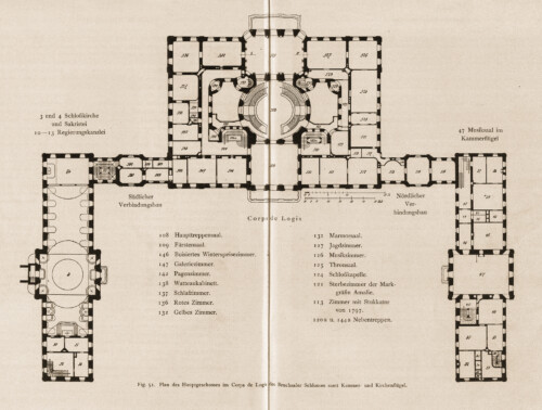 Schloss Bruchsal - Plan Hauptgeschoss Corps de Logis / Kirchenflügel / Kammerflügel - Hans Rott / Franz Xaver Kraus: Die Kunstdenkmäler des Amtsbezirks Bruchsal - 1913