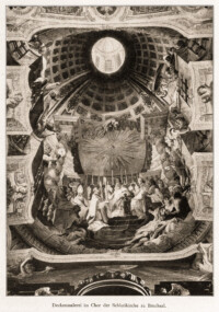 Schloss Bruchsal - Hofkirche / Schlosskirche - Deckenmalerei im Chor der Schloßkirche zu Bruchsal (Bildnachweis: Universitätsbibliothek Heidelberg, "Rott, Hans; Kraus, Franz Xaver [Hrsg.]: Die Kunstdenkmäler des Grossherzogthums Baden (Band 9,2): Die Kunstdenkmäler des Amtsbezirks Bruchsal (Kreis Karlsruhe). Tübingen, 1913", Seite 130a - CC-BY-SA-3.0. https://digi.ub.uni-heidelberg.de/diglit/kdm9bd2)