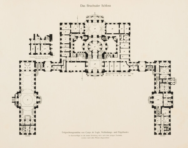 Das Bruchsaler Schloss - Erdgeschossgrundriss von Corps de Logis, Verbindungs- und Flügelbauten - Im Kammerflügel ist die innere Einteilung nicht nach dem jetzigen Zustande, sondern nach alten Plänen eingezeichnet (Blatt 1 der Mappe "Fritz Hirsch: Das Bruchsaler Schloss aus Anlass der Renovation (1900-1909)", erschienen: Heidelberg, Carl Winter's Universitätsbuchhandlung, 1910; Mappe aus dem Bestand des Städtischen Museums Bruchsal; Reproduktion durch Dr. Manfred Schneider, mit freundlicher Genehmigung des Museums)