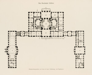 Das Bruchsaler Schloss - Hauptgeschossgrundriss von Corps de Logis, Verbindungs- und Flügelbauten (Blatt 2 der Mappe "Fritz Hirsch: Das Bruchsaler Schloss aus Anlass der Renovation (1900-1909)", erschienen: Heidelberg, Carl Winter's Universitätsbuchhandlung, 1910; Mappe aus dem Bestand des Städtischen Museums Bruchsal; Reproduktion durch Dr. Manfred Schneider, mit freundlicher Genehmigung des Museums)