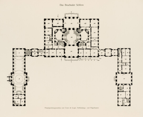 Das Bruchsaler Schloss - Hauptgeschossgrundriss von Corps de Logis, Verbindungs- und Flügelbauten (Blatt 2 der Mappe "Fritz Hirsch: Das Bruchsaler Schloss aus Anlass der Renovation (1900-1909)", erschienen: Heidelberg, Carl Winter's Universitätsbuchhandlung, 1910; Mappe aus dem Bestand des Städtischen Museums Bruchsal; Reproduktion durch Dr. Manfred Schneider, mit freundlicher Genehmigung des Museums)