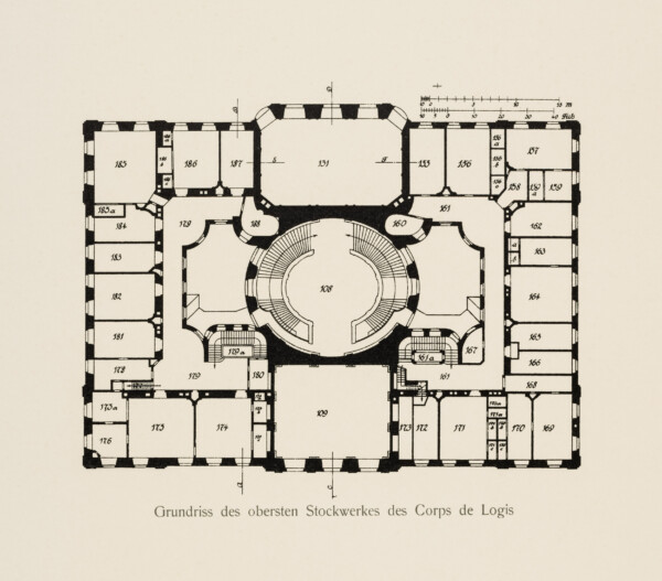 Das Bruchsaler Schloss - Grundriss des obersten Stockwerkes des Corps de Logis (Blatt 3 (oben) der Mappe "Fritz Hirsch: Das Bruchsaler Schloss aus Anlass der Renovation (1900-1909)", erschienen: Heidelberg, Carl Winter's Universitätsbuchhandlung, 1910; Mappe aus dem Bestand des Städtischen Museums Bruchsal; Reproduktion durch Dr. Manfred Schneider, mit freundlicher Genehmigung des Museums)