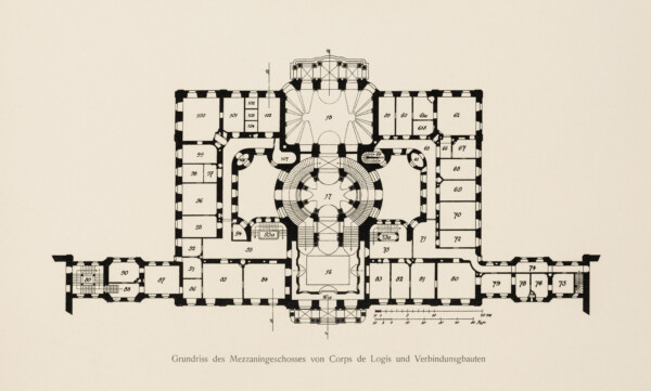 Das Bruchsaler Schloss - Grundriss des Mezzaningeschosses von Corps de Logis und Verbindungsbauten (Blatt 3 (unten) der Mappe "Fritz Hirsch: Das Bruchsaler Schloss aus Anlass der Renovation (1900-1909)", erschienen: Heidelberg, Carl Winter's Universitätsbuchhandlung, 1910; Mappe aus dem Bestand des Städtischen Museums Bruchsal; Reproduktion durch Dr. Manfred Schneider, mit freundlicher Genehmigung des Museums)