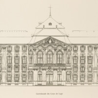 Das Bruchsaler Schloss - Gartenfassade des Corps de Logis (Blatt 6 der Mappe "Fritz Hirsch: Das Bruchsaler Schloss aus Anlass der Renovation (1900-1909)", erschienen: Heidelberg, Carl Winter's Universitätsbuchhandlung, 1910; Mappe aus dem Bestand des Städtischen Museums Bruchsal; Reproduktion durch Dr. Manfred Schneider, mit freundlicher Genehmigung des Museums)