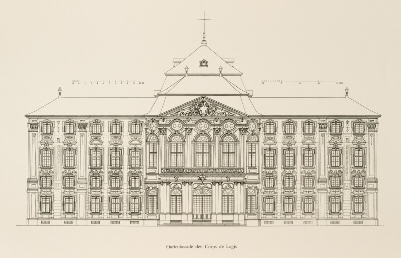 Das Bruchsaler Schloss - Gartenfassade des Corps de Logis (Blatt 6 der Mappe "Fritz Hirsch: Das Bruchsaler Schloss aus Anlass der Renovation (1900-1909)", erschienen: Heidelberg, Carl Winter's Universitätsbuchhandlung, 1910; Mappe aus dem Bestand des Städtischen Museums Bruchsal; Reproduktion durch Dr. Manfred Schneider, mit freundlicher Genehmigung des Museums)