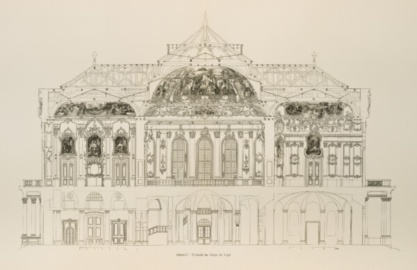 Das Bruchsaler Schloss - Schnitt C-D (von Norden nach Süden) durch das Corps de Logis (Blatt 7-8 der Mappe "Fritz Hirsch: Das Bruchsaler Schloss aus Anlass der Renovation (1900-1909)", erschienen: Heidelberg, Carl Winter's Universitätsbuchhandlung, 1910; Mappe aus dem Bestand des Städtischen Museums Bruchsal; Reproduktion durch Dr. Manfred Schneider, mit freundlicher Genehmigung des Museums)