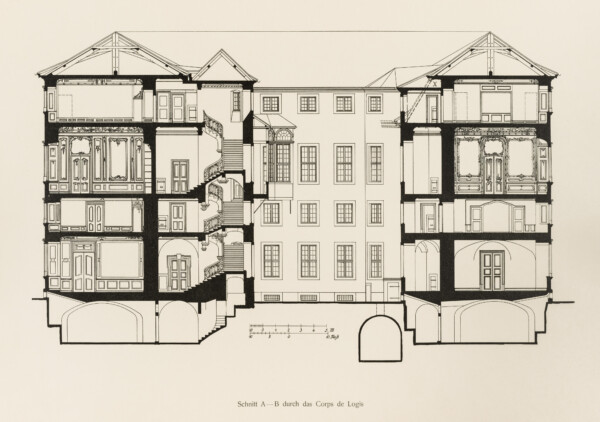 Das Bruchsaler Schloss - Schnitt A-B durch das Corps de Logis (Blatt 9 der Mappe "Fritz Hirsch: Das Bruchsaler Schloss aus Anlass der Renovation (1900-1909)", erschienen: Heidelberg, Carl Winter's Universitätsbuchhandlung, 1910; Mappe aus dem Bestand des Städtischen Museums Bruchsal; Reproduktion durch Dr. Manfred Schneider, mit freundlicher Genehmigung des Museums)