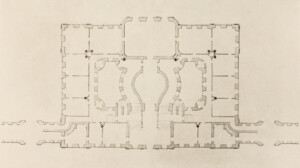 Das Bruchsaler Schloss - Grundriss des Corps de Logis von Anselm Franz Freiherr von Ritter (Blatt 12 (unten) der Mappe "Fritz Hirsch: Das Bruchsaler Schloss aus Anlass der Renovation (1900-1909)", erschienen: Heidelberg, Carl Winter's Universitätsbuchhandlung, 1910; Mappe aus dem Bestand des Städtischen Museums Bruchsal; Reproduktion durch Dr. Manfred Schneider, mit freundlicher Genehmigung des Museums)
