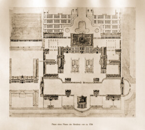 Blatt 14 -- Pause eines Planes der Residenz von ca. 1726 -- "Fritz Hirsch - Das Bruchsaler Schloss aus Anlass der Renovation (1900 - 1909) -1910"; Digitalisat der Württembergische Landesbibliothek Stuttgart; Persistente URL: http://digital.wlb-stuttgart.de/purl/bsz517378221