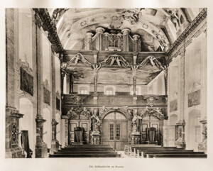 Schloss Bruchsal -- Schlosskirche, Westseite -- Blatt 30 -- "Fritz Hirsch - Das Bruchsaler Schloss aus Anlass der Renovation (1900 - 1909) -1910"; Digitalisat der Württembergische Landesbibliothek Stuttgart; Persistente URL: http://digital.wlb-stuttgart.de/purl/bsz517378221