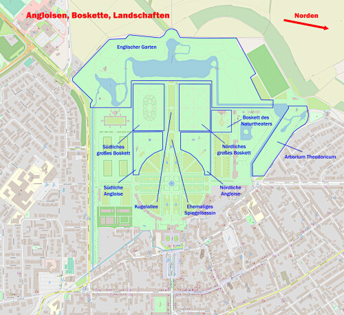 Schloss und Schlossgarten Schwetzingen - Orte der Angloisen, Bosketten und Landschaften im Schlossgarten (Karte: © OpenStreetMap-Mitwirkende; Lizenz: Namensnennung - Weitergabe unter gleichen Bedingungen 2.0 Generic (CC BY-SA 2.0); siehe: www.openstreetmap.org/copyright; Karte modifiziert durch Dr. Manfred Schneider)
