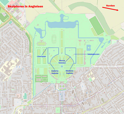 Schloss und Schlossgarten Schwetzingen - Orte der Angloisen und deren Skulpturen im Schlossgarten (Karte: © OpenStreetMap-Mitwirkende; Lizenz: Namensnennung - Weitergabe unter gleichen Bedingungen 2.0 Generic (CC BY-SA 2.0); siehe: www.openstreetmap.org/copyright; Karte modifiziert durch Dr. Manfred Schneider)